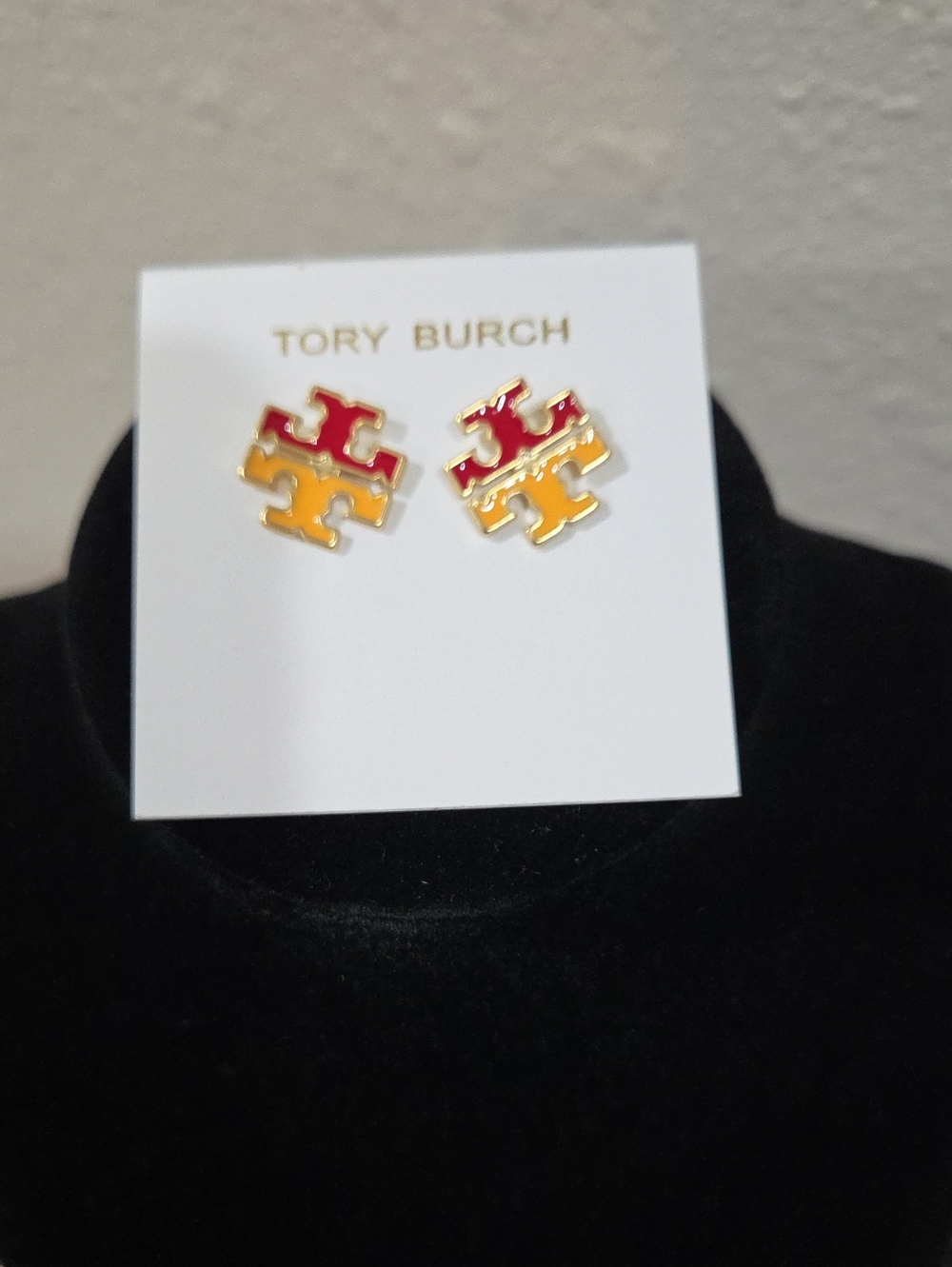 Tory Burch Two-Tone Enamel Logo Stud Earrings in Red and Yellow
